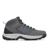 Bota de senderismo Columbia Transverse Hike impermeable, color gris con detalles en negro y naranja. Presenta construcción con tecnología Omni-Tech, entresuela TechLite para amortiguación y suela Omni-Grip para tracción en diversos terrenos.