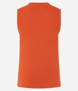Blusa estilo chaleco, confeccionada en ribana negra, con abotonado delantero, sin mangas y con textura acanalada.