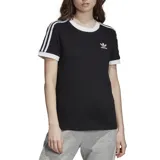 Remera negra de Adidas con cuello redondo y mangas cortas con ribete blanco. Presenta las tres rayas blancas características de la marca en los hombros y el logo bordado en el pecho.