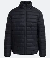 Campera ultraliviana de poliamida color gris claro, con cuello alto y cierre delantero.