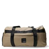 Bolso deportivo tipo duffel de la marca N+, color beige con detalles en negro. Cuenta con correas de mano y hombro ajustables, cierre principal y etiqueta con logo de la marca en el frente.