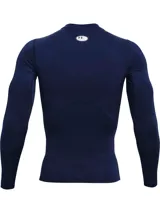 Remera térmica deportiva Under Armour HeatGear Armour Compression de manga larga y calce ajustado, color azul marino, con cuello redondo y el logo de la marca estampado en el pecho en color blanco.