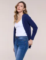Cardigan abierto tejido en punto acanalado, marca Rio & Rian, de color beige con mangas largas.