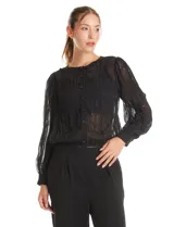 Blusa negra de gasa translúcida con diseño de líneas verticales texturizadas y sutiles aplicaciones de lentejuelas. Presenta cuello a la base, cierre frontal con botones, mangas largas estilo balloon con puños abotonados y ruedo elastizado.