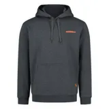 Buzo con capucha Merrell, color gris oscuro, con bolsillo frontal tipo canguro y logo de la marca estampado en color naranja en el pecho.