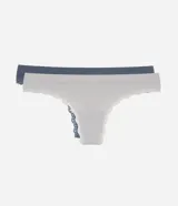 Kit de dos bombachas tipo bikini, una gris claro y otra azul grisáceo, confeccionadas en poliamida seamless texturizada. Ambas tienen laterales anchos y detalles de encaje en las sisas.