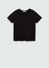 Camiseta negra de cuello en V y manga corta, confeccionada en tejido fluido de viscosa con elastano.