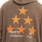 Canguro azul con capucha, bolsillo tipo canguro y logo de dos estrellas amarillas en el pecho.