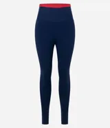 Legging deportiva marca Get Over, de corte ajustado y largo hasta el tobillo. Presenta un diseño liso en color azul marino con una banda elástica contrastante en color rojo en la cintura.