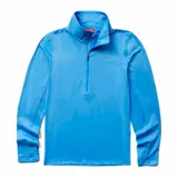 Buzo deportivo de trail running con cierre frontal de 1/4, cuello alto, mangas largas con orificios para pulgares y logo de la marca estampado en el pecho.