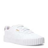 Championes Puma Carina 3.0 Animal Flair de estilo urbano, con capellada de cuero sintético blanco, plataforma robusta y detalle de estampado animal en el talón. Incluye plantilla SoftFoam+ para mayor amortiguación.
