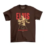 Remera marrón de manga corta con estampa frontal de Elvis Presley tocando la guitarra, acompañada por el texto 'ELVIS' y 'THE KING OF ROCK AND ROLL'.