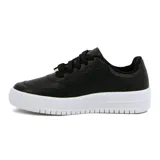 Championes casuales Vizzano de mujer, color negro con suela alta blanca y detalle de placa metálica dorada en los cordones.