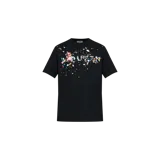 Remera negra de manga corta con cuello redondo y estampado frontal estilo 'confetti' con salpicaduras de pintura multicolor y el logo de la marca.