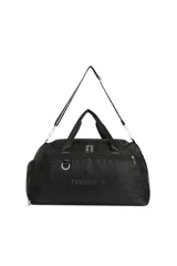 Bolso deportivo tipo duffel bag color negro, con asas de mano y correa ajustable para hombro. Presenta el texto "TRENDY" estampado en el frente y herrajes metálicos.