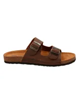 Sandalias de cuero marrón para hombre, modelo Charly II de RKF, con dos tiras ajustables con hebillas metálicas y suela anatómica de corcho y goma.