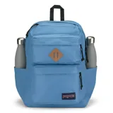 Mochila JanSport Double Break color celeste, con dos bolsillos frontales, compartimento interno para laptop de 15 pulgadas, dos bolsillos laterales para botellas de agua, correas acolchadas y asa de transporte superior.