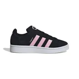 Championes Adidas Campus 00s de gamuza negra con las tres tiras rosas y suela blanca.