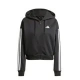 Campera Adidas Essentials French Terry con capucha, color negro con tres tiras blancas en las mangas y logo bordado en el pecho.