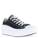Championes Converse modelo Chuck Taylor Move, de corte bajo, con capellada de lona negra y suela de plataforma blanca de gran volumen.