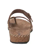 Sandalias de cuero para mujer, modelo Paradise de RKF, con diseño multicolor en tonos marrón, terracota y detalles en amarillo. Posee capellada y plantilla de cuero, tira ajustable con hebilla y suela de poliuretano efecto corcho.