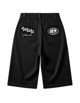 Bermuda negra de gabardina pesada con costuras rojas y estampado lateral blanco con el texto "Plagstar".