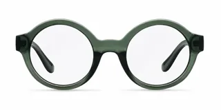 Lentes con armazón redondo de acetato color verde traslúcido y cristales transparentes con tecnología blueblocker.