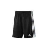 Short deportivo Adidas Squadra 21 de hombre, color negro con tres tiras blancas en los laterales. Confeccionado en poliéster reciclado con tecnología Aeroready, cintura elástica y cordón ajustable.