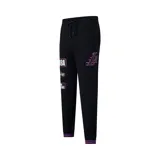 Pantalón de jogging negro de los Los Angeles Lakers con cordón ajustable en la cintura, puños acanalados en tonos violeta y negro, y estampados gráficos laterales con el logo del equipo.