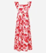 Vestido midi evasé sin mangas, confeccionado en tricolina con estampa floral. Presenta escote cuadrado, volados en los breteles y lastex en la espalda. Tiene un corte fruncido en la cintura.