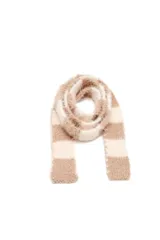 Bufanda de punto con textura suave y peluda, diseño a rayas horizontales en tonos beige y crema.