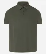 Camisa polo masculina de manga corta, confeccionada en tejido técnico de poliamida con elastano. Presenta cuello inglés con tapeta de tres botones, ofreciendo propiedades de secado rápido, elasticidad y confort térmico.