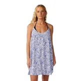 Vestido corto tipo pareo de playa Rip Curl Party Wave Cover Up, color celeste con estampado botánico blanco, tirantes finos y cierre frontal con botones.