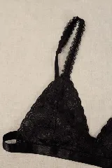 Sostén tipo bralette negro de encaje elastizado, con diseño triangular y breteles con detalle de encaje.