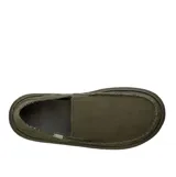 Zapatos tipo slip-on Sanuk, color verde oliva, con diseño de bordes deshilachados y talón plegable. Confeccionados en una mezcla de cáñamo y algodón, cuentan con paneles elásticos laterales, forro interior estampado y suela de goma con entresuela de EVA para mayor amortiguación.
