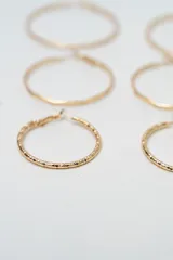 Set de aros dorados compuesto por tres pares de aros tipo argolla de diferentes tamaños y texturas, y cuatro pares de aros pequeños tipo broquel con diseños variados.