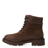 Bota de mujer marca Miss Carol, modelo Ziva, en color negro. Presenta un diseño de caña media con cordones, confeccionada en material sintético con textura de gamuza y paneles lisos. Posee una suela de goma robusta tipo track, cuello acolchado y herrajes metálicos para los cordones.