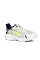 Championes deportivos Fila Action Vaporous para hombre, de color gris con detalles en blanco, azul marino y amarillo fluo, con logo grande de la marca en el lateral.