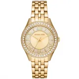 Reloj de pulsera Michael Kors modelo Harlowe, con caja y malla de acero inoxidable en tono dorado. Presenta una esfera dorada con acabado sunray, números romanos y un bisel decorado con cristales brillantes.