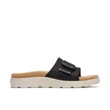 Sandalia de corcho y plataforma Merrell modelo Fleur Slide, color negro, con parte superior de cuero de grano completo y correa ajustable con hebilla plástica.