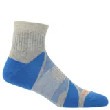 Media deportiva de corte bajo con diseño geométrico en bloques de color azul y gris melange, con puntera y talón reforzados.