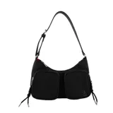 Cartera tipo bandolera color negro con dos bolsillos frontales con cierre, correa ajustable y detalles de cordones laterales.