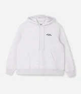 Buzo deportivo con capucha gris melange, con cordones ajustables blancos, bolsillo tipo canguro y pequeño estampado tipográfico en el pecho con la inscripción 'Wellness Club'.