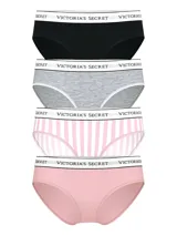 Pack de cuatro bombachas tipo hiphugger de modal de algodón, de tiro medio con cobertura total. Cuentan con cintura elástica con el logotipo de la marca. Incluye una prenda negra, una gris melange, una rosa a rayas y una rosa lisa.