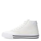 Championes urbanos de caña media Puma, confeccionados en lona negra con la icónica franja lateral en blanco. Presentan suela vulcanizada blanca con líneas negras decorativas y cierre mediante cordones.
