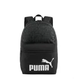 Mochila Puma Phase Aop Backpack, color negro con estampado geométrico en la parte superior y bolsillo frontal liso con el logo de la marca en blanco.