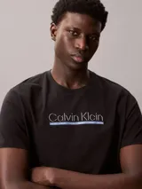 Remera deportiva de manga corta color negro, con cuello redondo y el logotipo de Calvin Klein estampado en el pecho en color blanco con una línea azul.