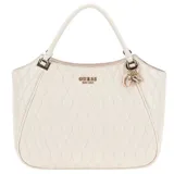 Bolso de mano tipo tote bag color blanco hueso, con textura acolchada en patrón de rombos. Presenta asas de mano cortas y herrajes metálicos dorados. Incluye un dije colgante con el logo de la marca.