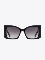 Lentes de sol negros con marco rectangular y lentes degradados de gris a transparente.