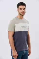Remera de manga corta con diseño de bloques de color en tonos gris, blanco y azul marino. Cuenta con cuello redondo y una estampa tipográfica en el centro del pecho.